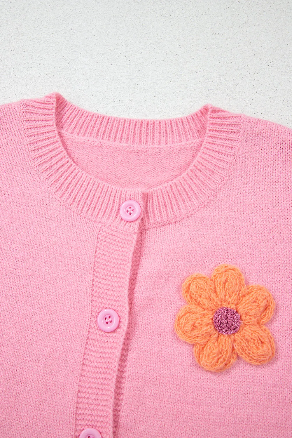 Pink Cute Knitted Floral Pattern Button Up Cardigan