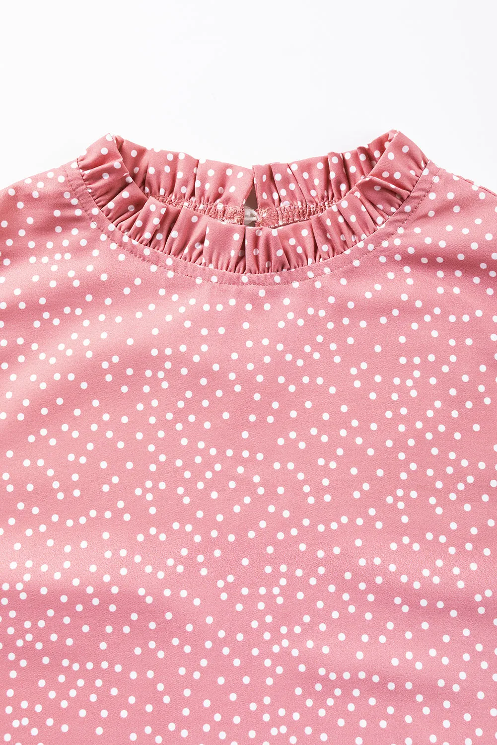 Pink Polka Dot Frilled Neck Ruffle Trim Blouse