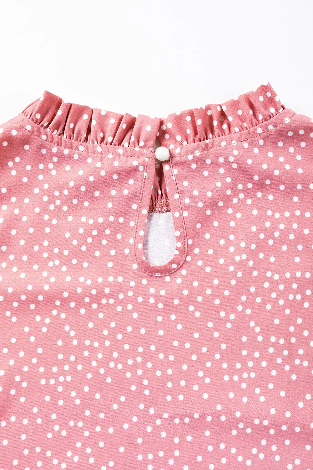 Pink Polka Dot Frilled Neck Ruffle Trim Blouse