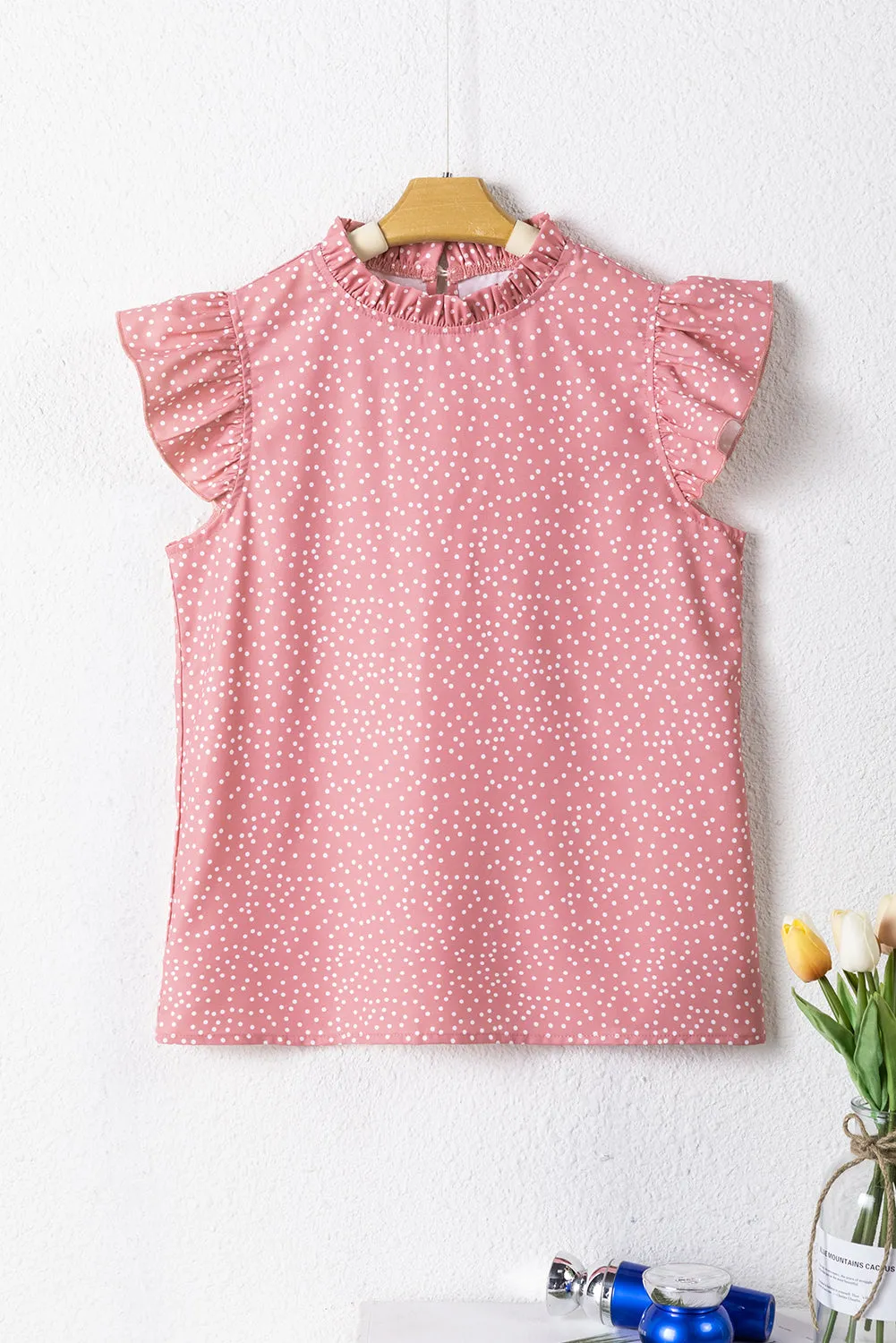 Pink Polka Dot Frilled Neck Ruffle Trim Blouse