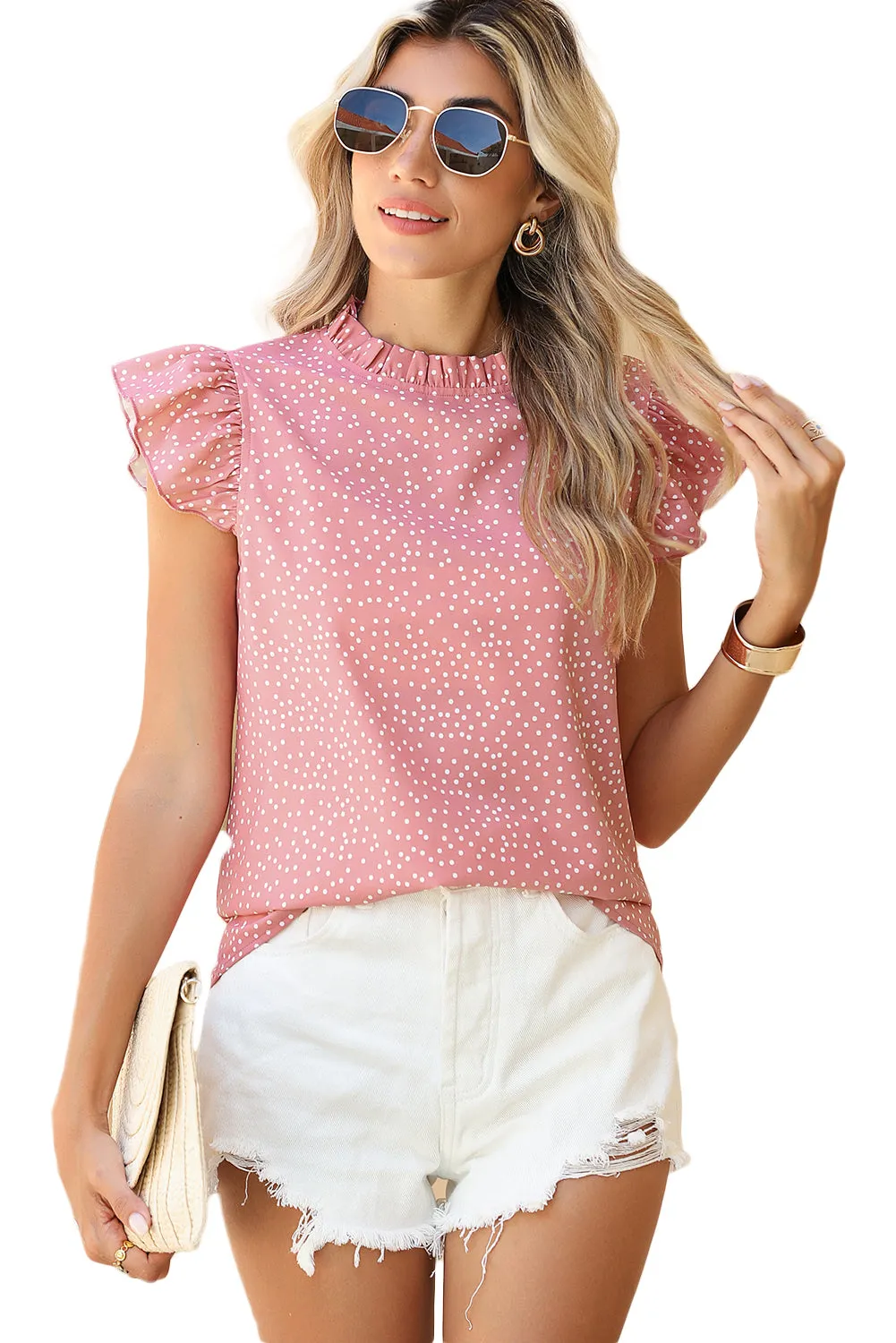 Pink Polka Dot Frilled Neck Ruffle Trim Blouse