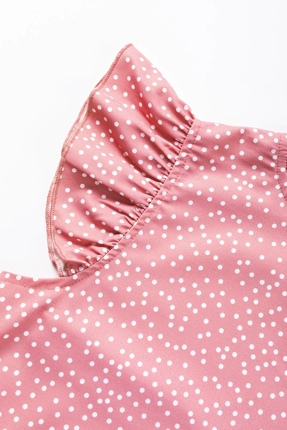 Pink Polka Dot Frilled Neck Ruffle Trim Blouse