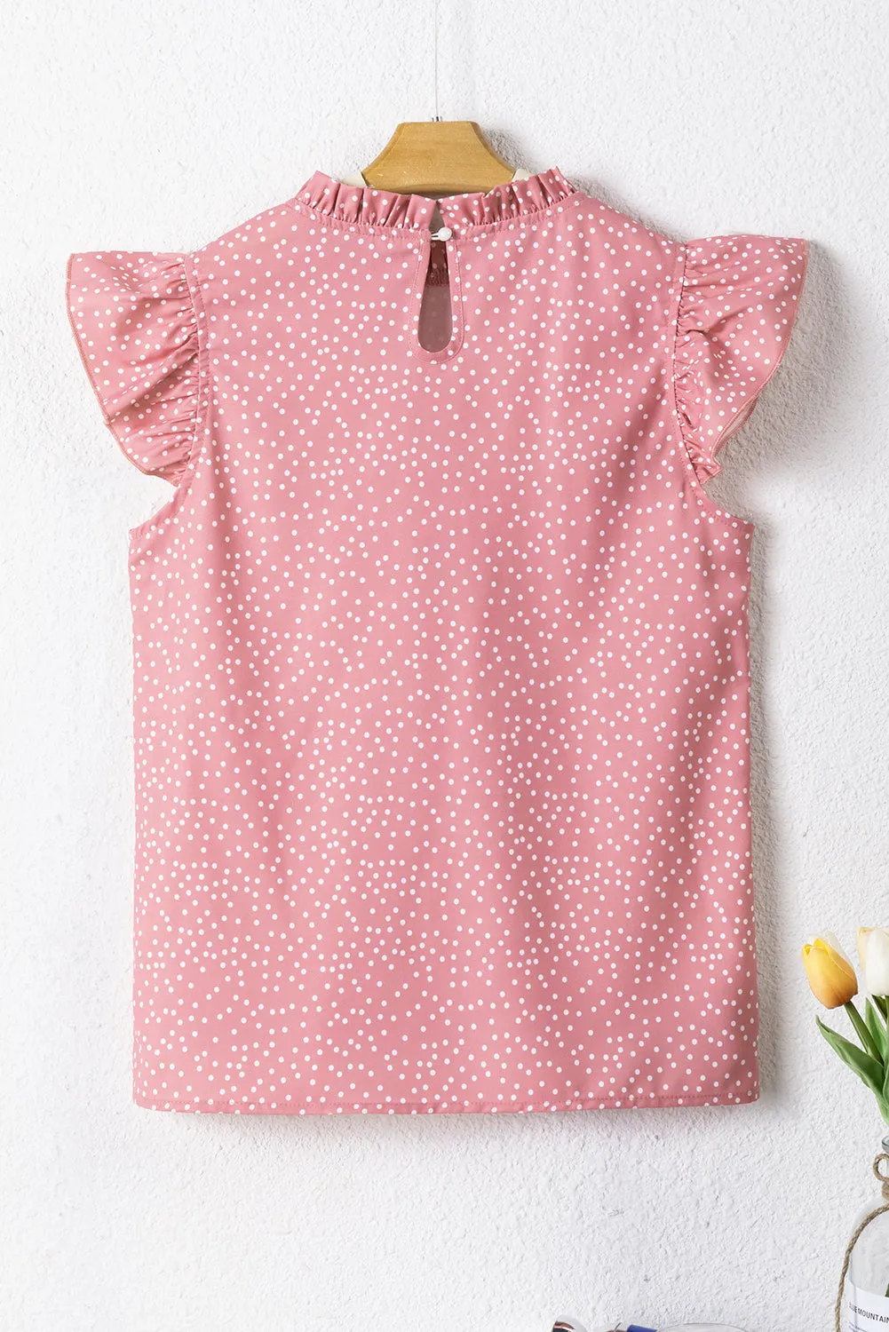 Pink Polka Dot Frilled Neck Ruffle Trim Blouse