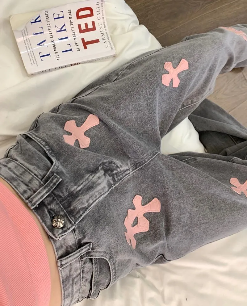 Plus Size Women Denim Pink Cross Jeans Pants