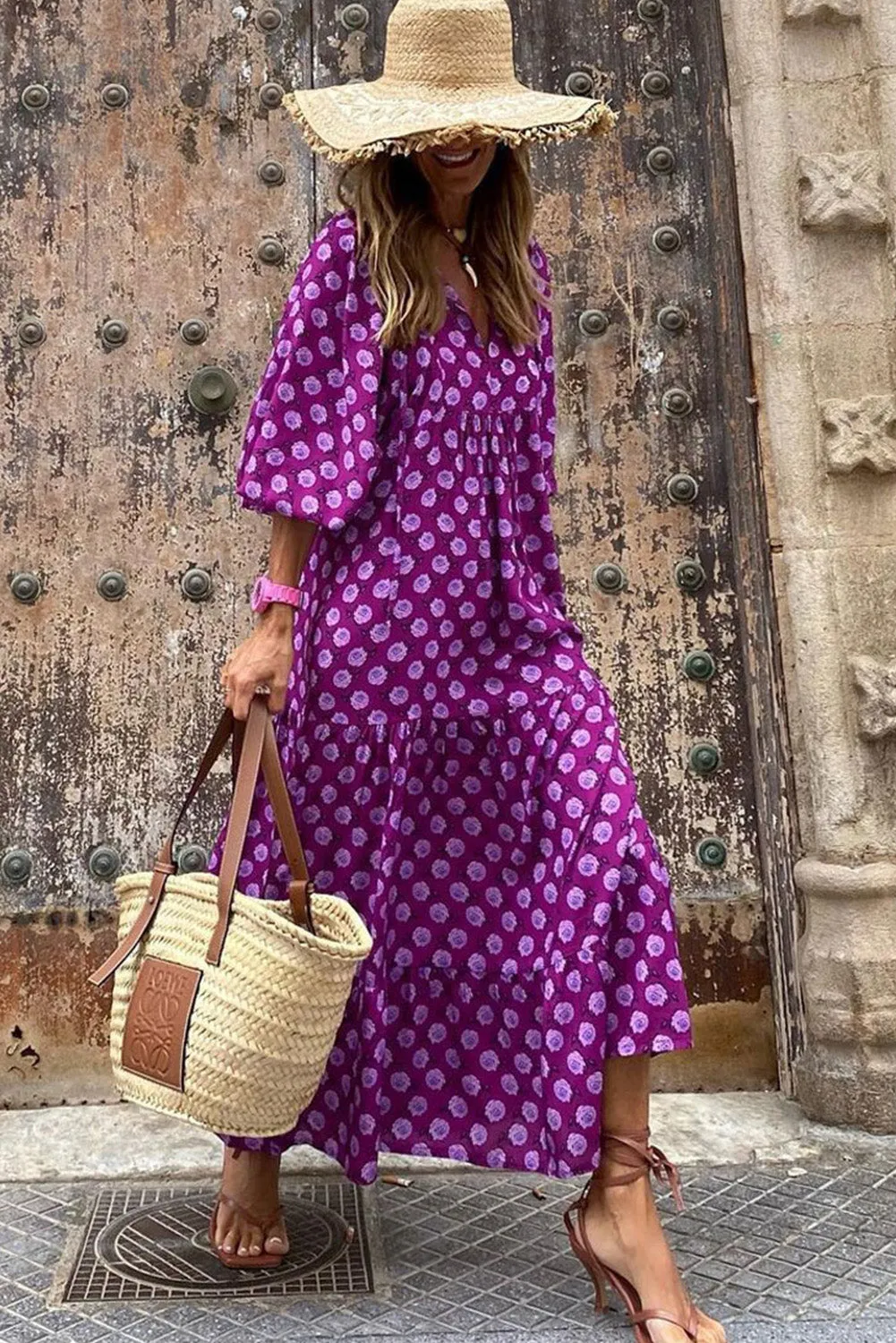 Purple Boho Printed V Neck Puff Sleeve Maxi Dress