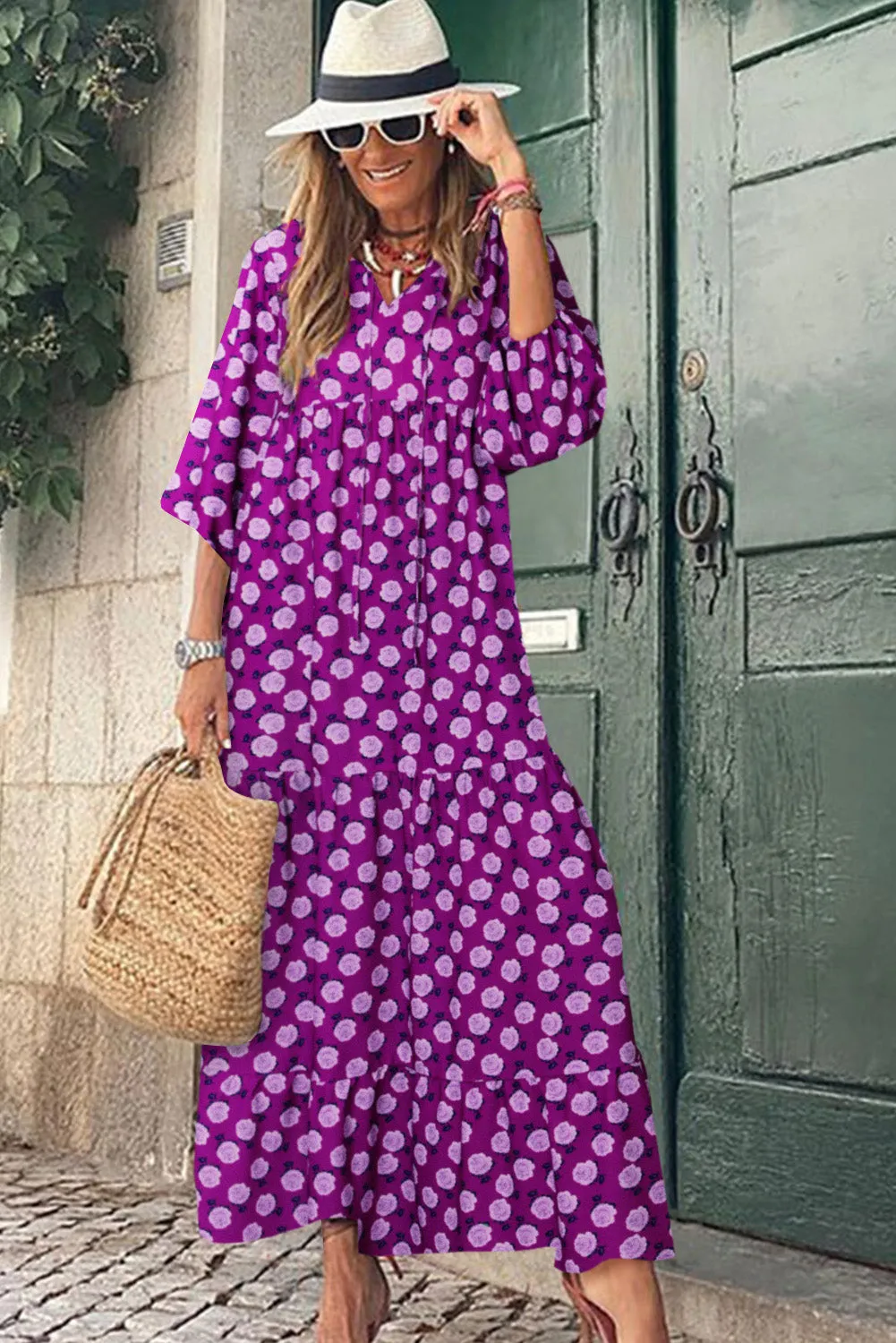 Purple Boho Printed V Neck Puff Sleeve Maxi Dress