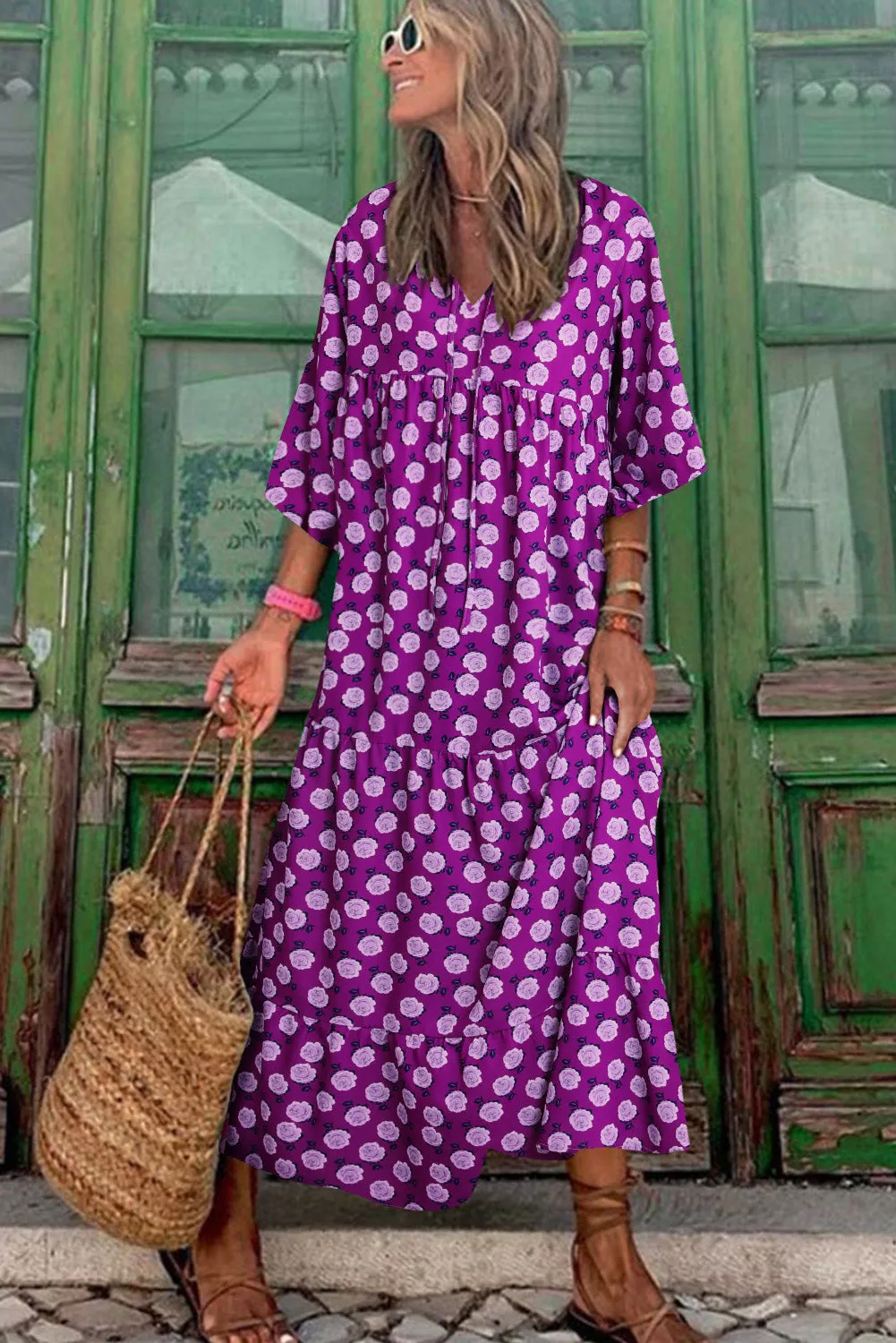 Purple Boho Printed V Neck Puff Sleeve Maxi Dress