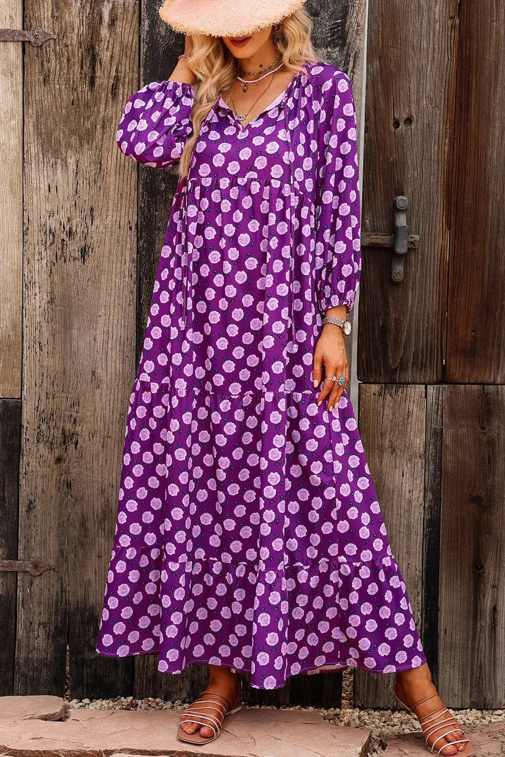 Purple Boho Printed V Neck Puff Sleeve Maxi Dress