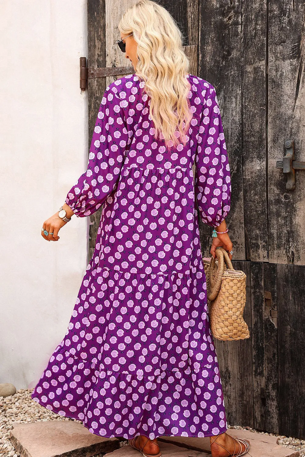 Purple Boho Printed V Neck Puff Sleeve Maxi Dress