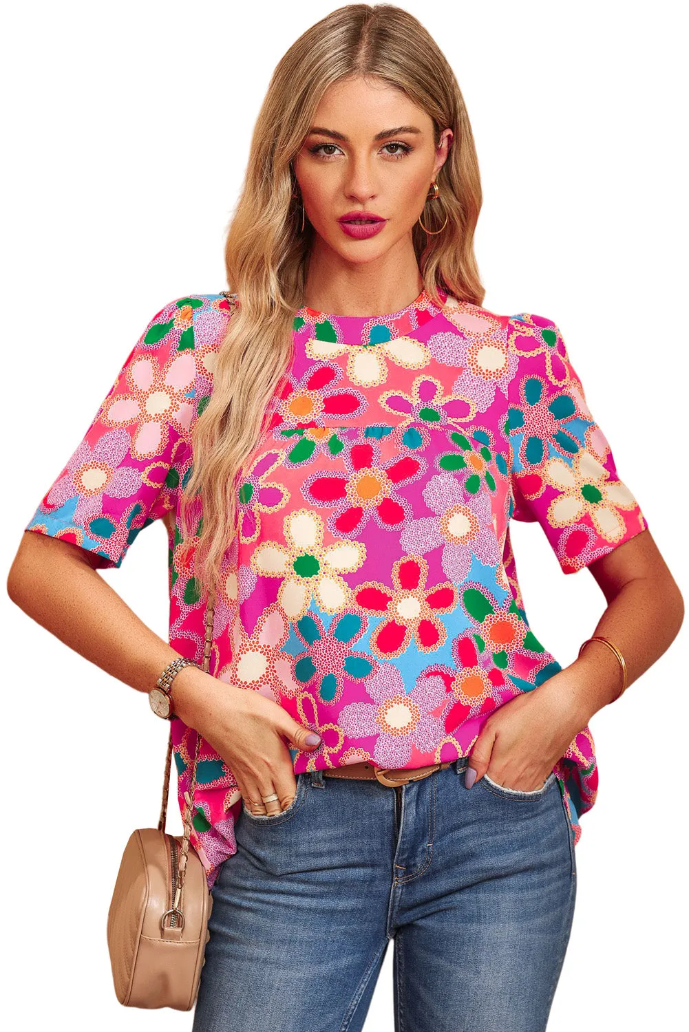 Purple Floral Print Crew Neck Short Sleeve Blouse