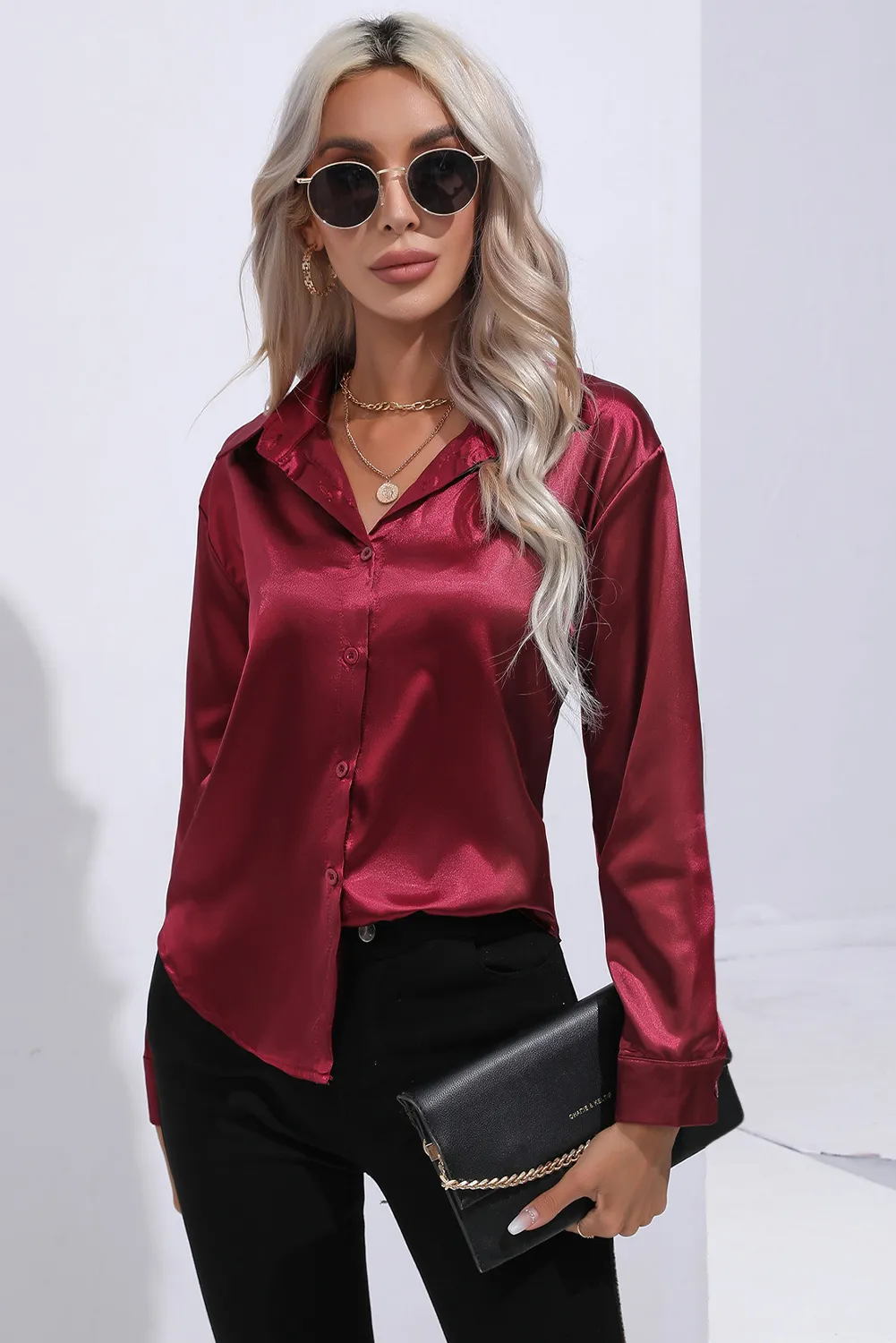 Red Dahlia Button Down Satin Long Sleeve Blouse