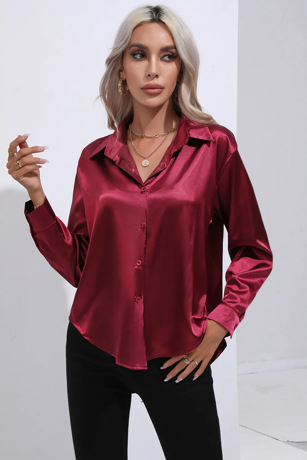 Red Dahlia Button Down Satin Long Sleeve Blouse