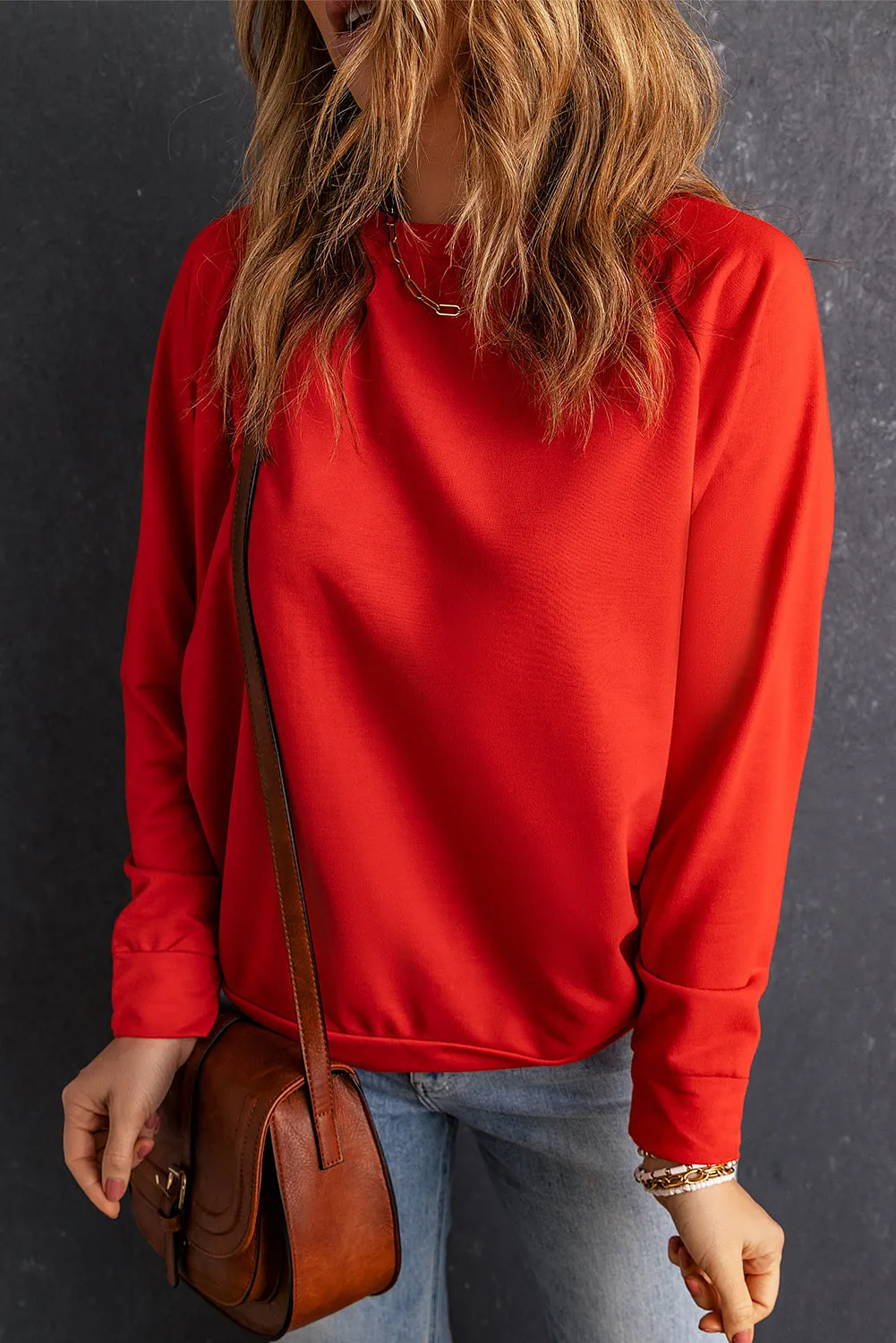 Red Solid Color Crewneck Pullover Sweatshirt