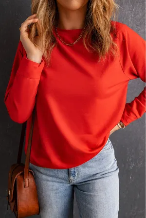 Red Solid Color Crewneck Pullover Sweatshirt