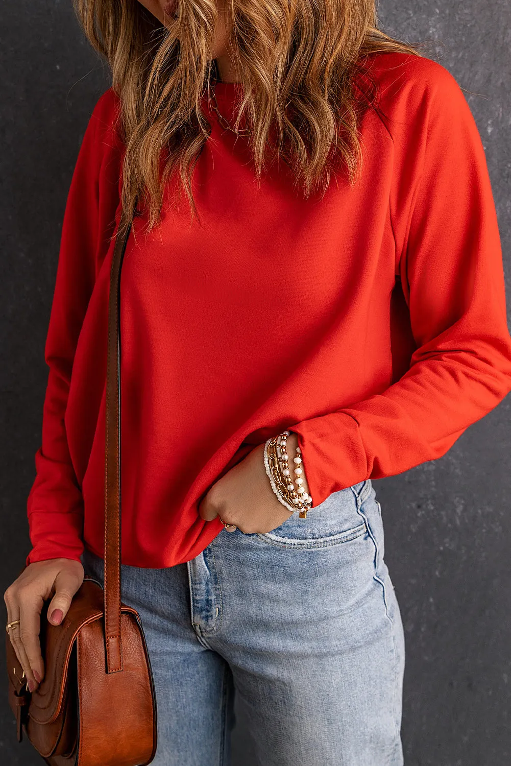 Red Solid Color Crewneck Pullover Sweatshirt