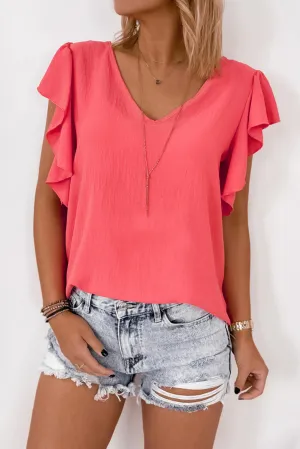 Red Solid V Neck Ruffle Sleeve Loose Top