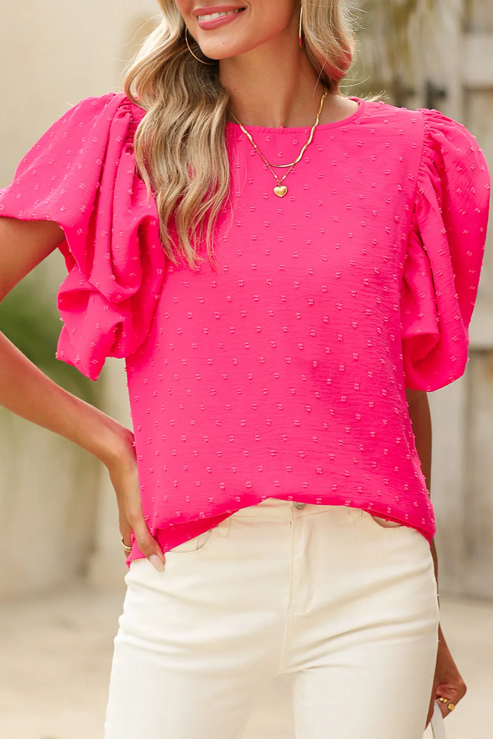 Rose Red Ruffle Sleeve Swiss Dot Blouse