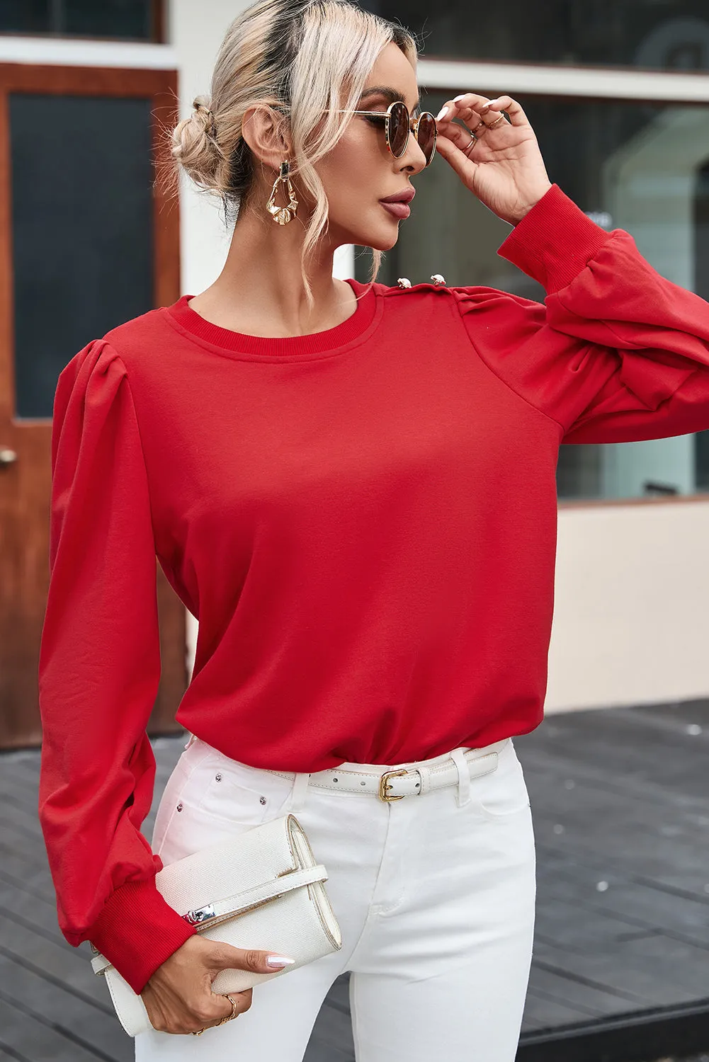 Rose Tan Button Tab Detail Long Sleeve Top