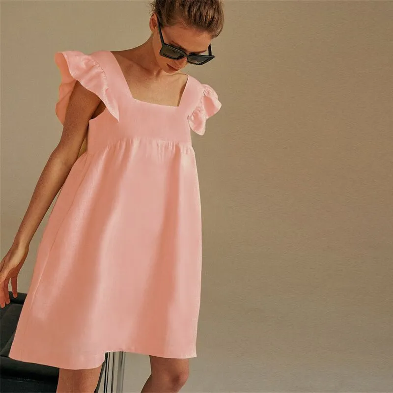 Ruffle Sleeve Summer Square Neck Solid Color Elegant Mini Dress