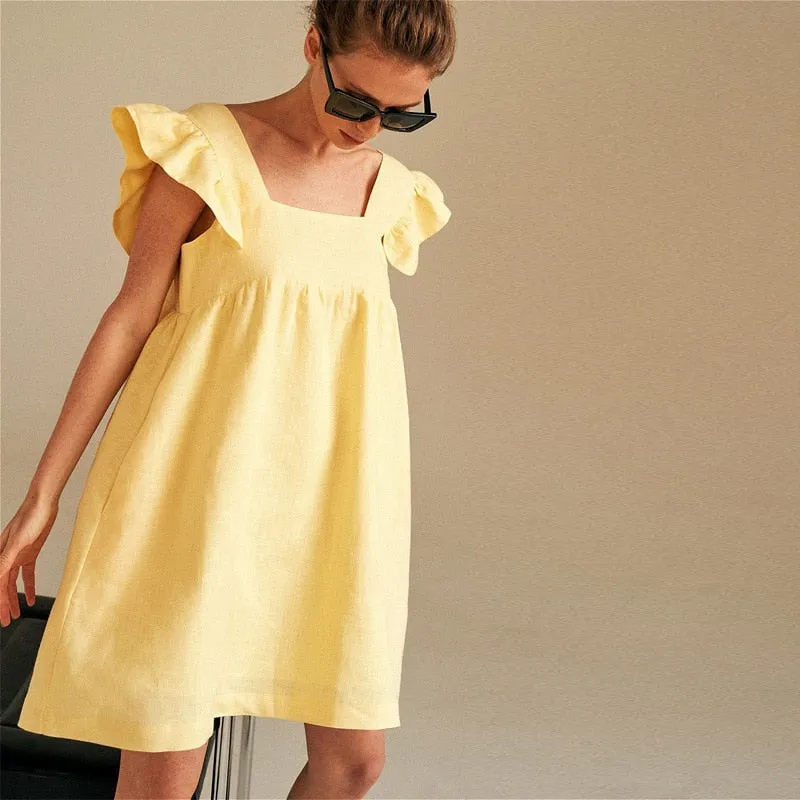 Ruffle Sleeve Summer Square Neck Solid Color Elegant Mini Dress