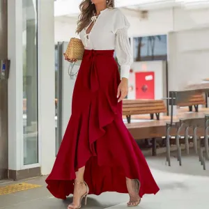 Selma: Elegant Ruffled Trumpet Maxi Skirt with Wrap Belt (Plus Sizes)