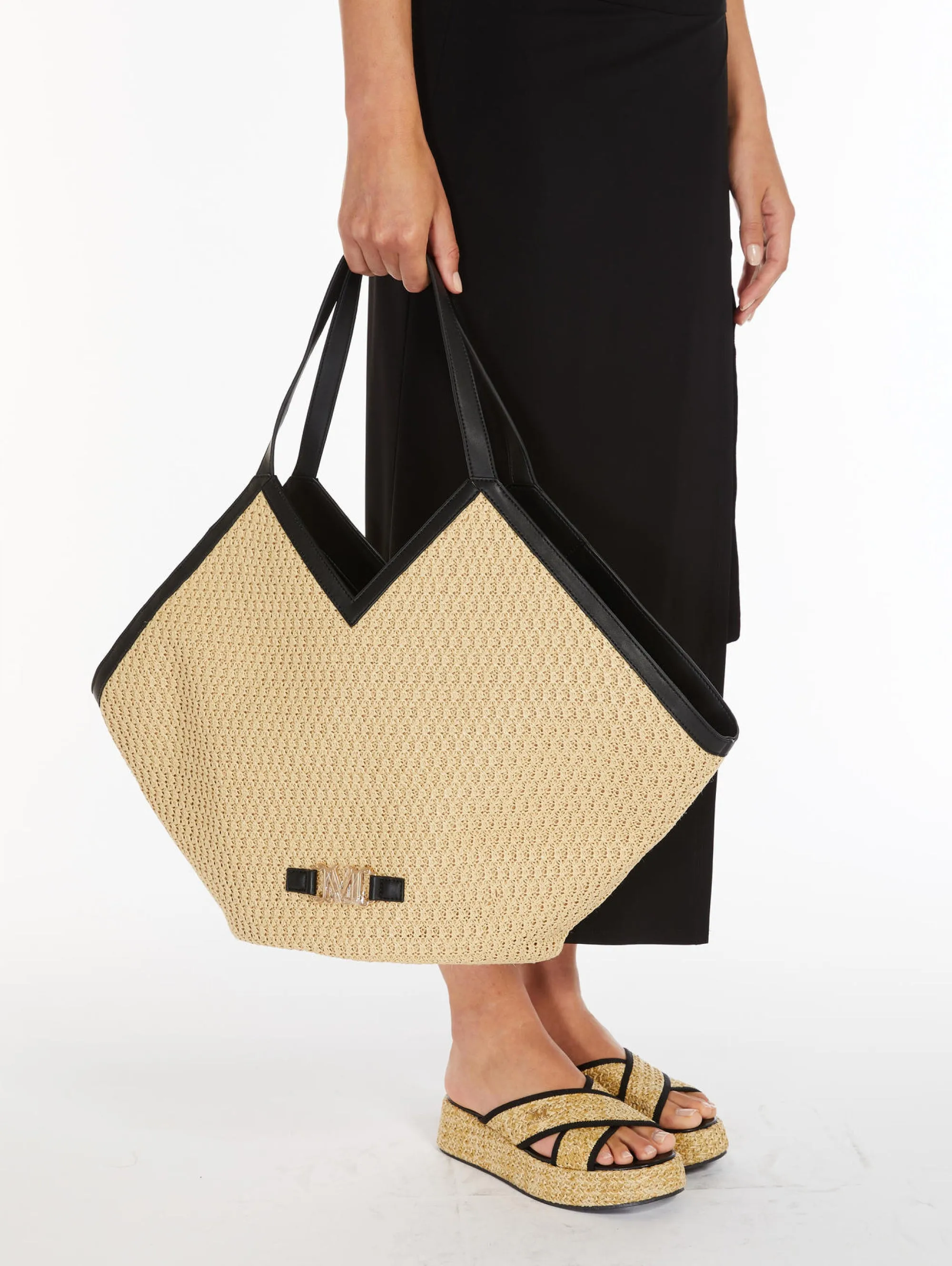 Shopping Bag in Rafia Beige/Nero