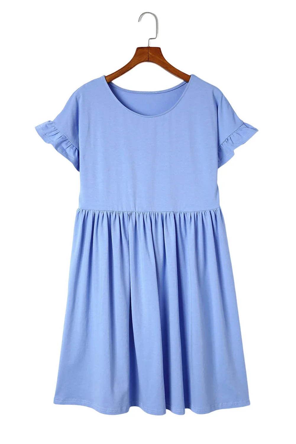 Sky Blue Round Neck Ruffle Sleeve Loose Pleated Dress