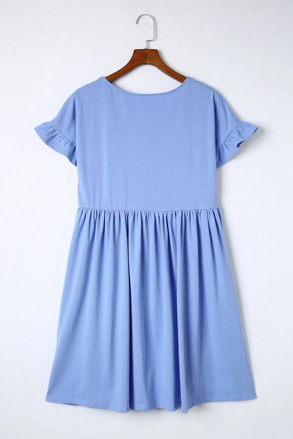 Sky Blue Round Neck Ruffle Sleeve Loose Pleated Dress