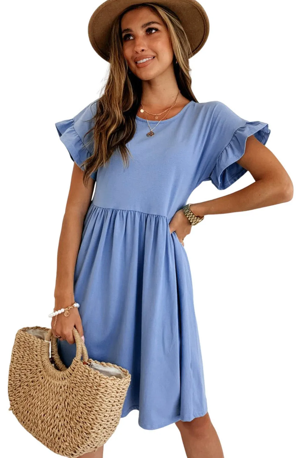 Sky Blue Round Neck Ruffle Sleeve Loose Pleated Dress