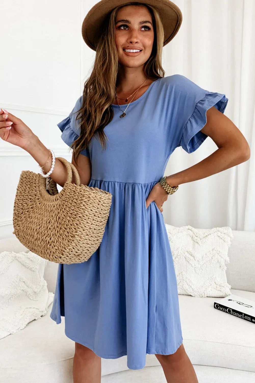 Sky Blue Round Neck Ruffle Sleeve Loose Pleated Dress