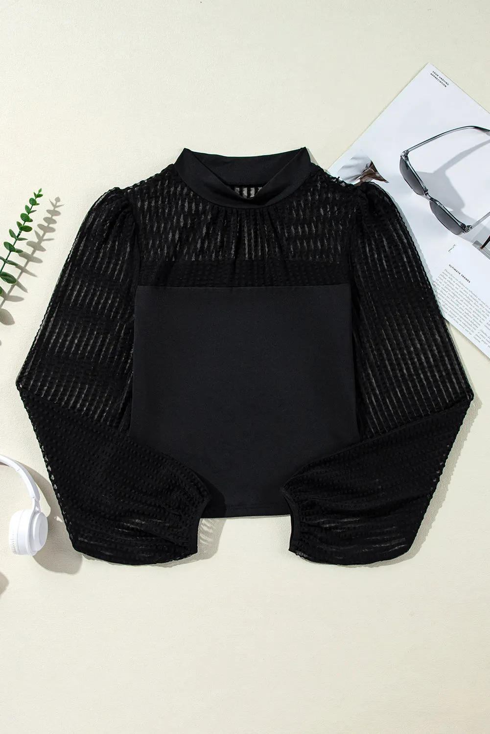 Stripe Mesh Lantern Sleeve Blouse