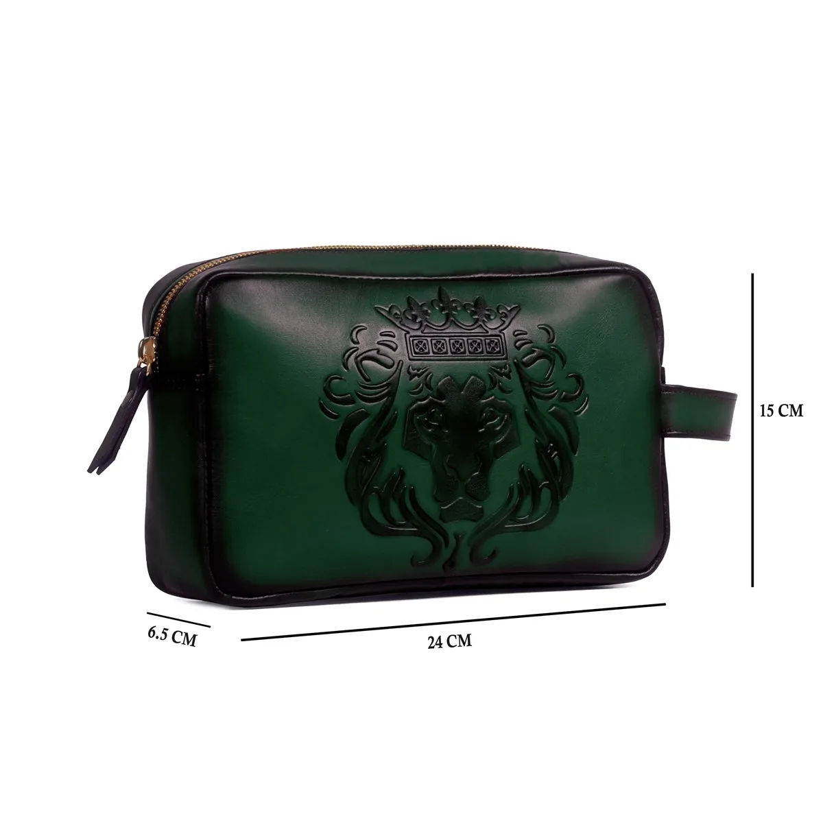 Unisex Green Genuine Leather Embossed Lion Slim Kit Bag for Travel by Brune & Bareskin