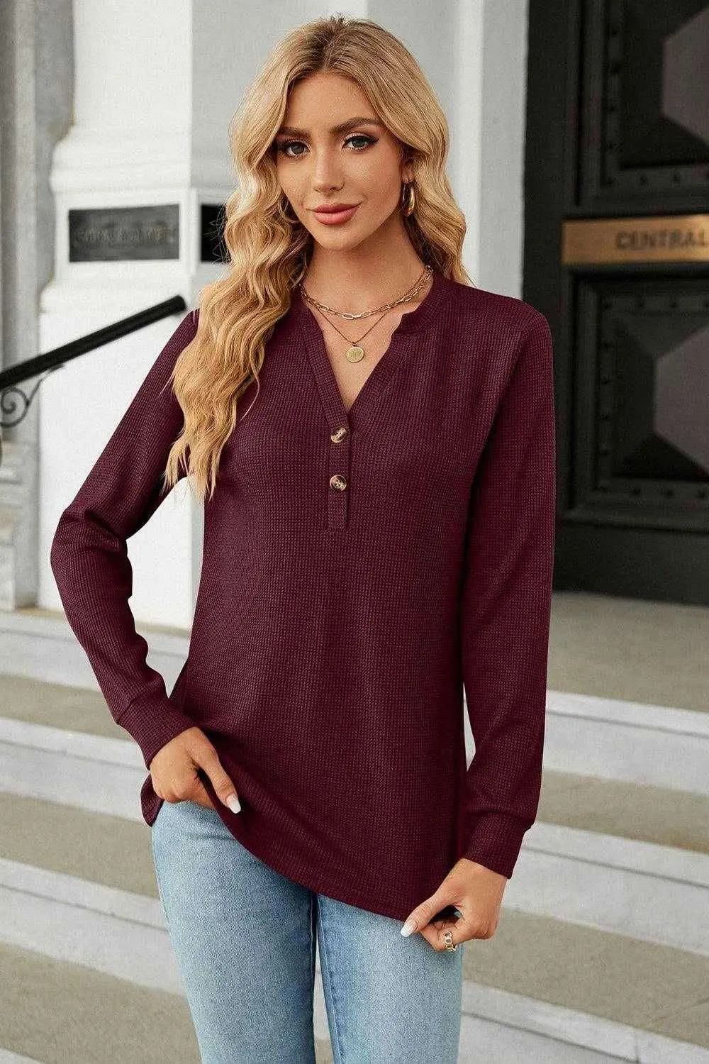 V-Neck Long Sleeve Blouse - Chic Buttoned Long Sleeve Top