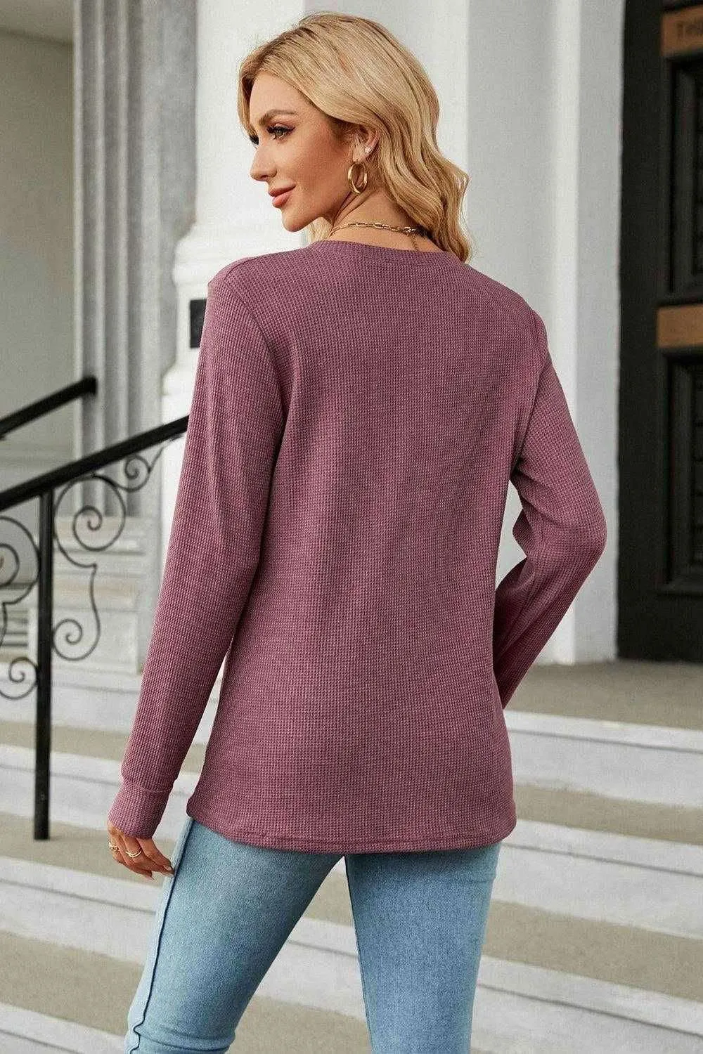 V-Neck Long Sleeve Blouse - Chic Buttoned Long Sleeve Top