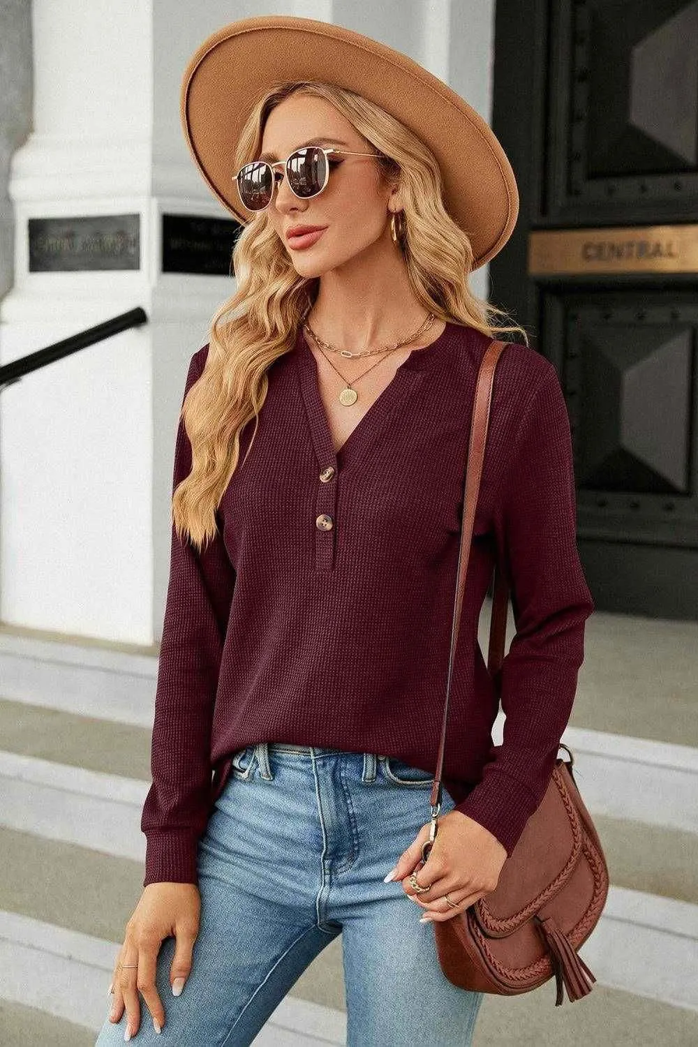 V-Neck Long Sleeve Blouse - Chic Buttoned Long Sleeve Top