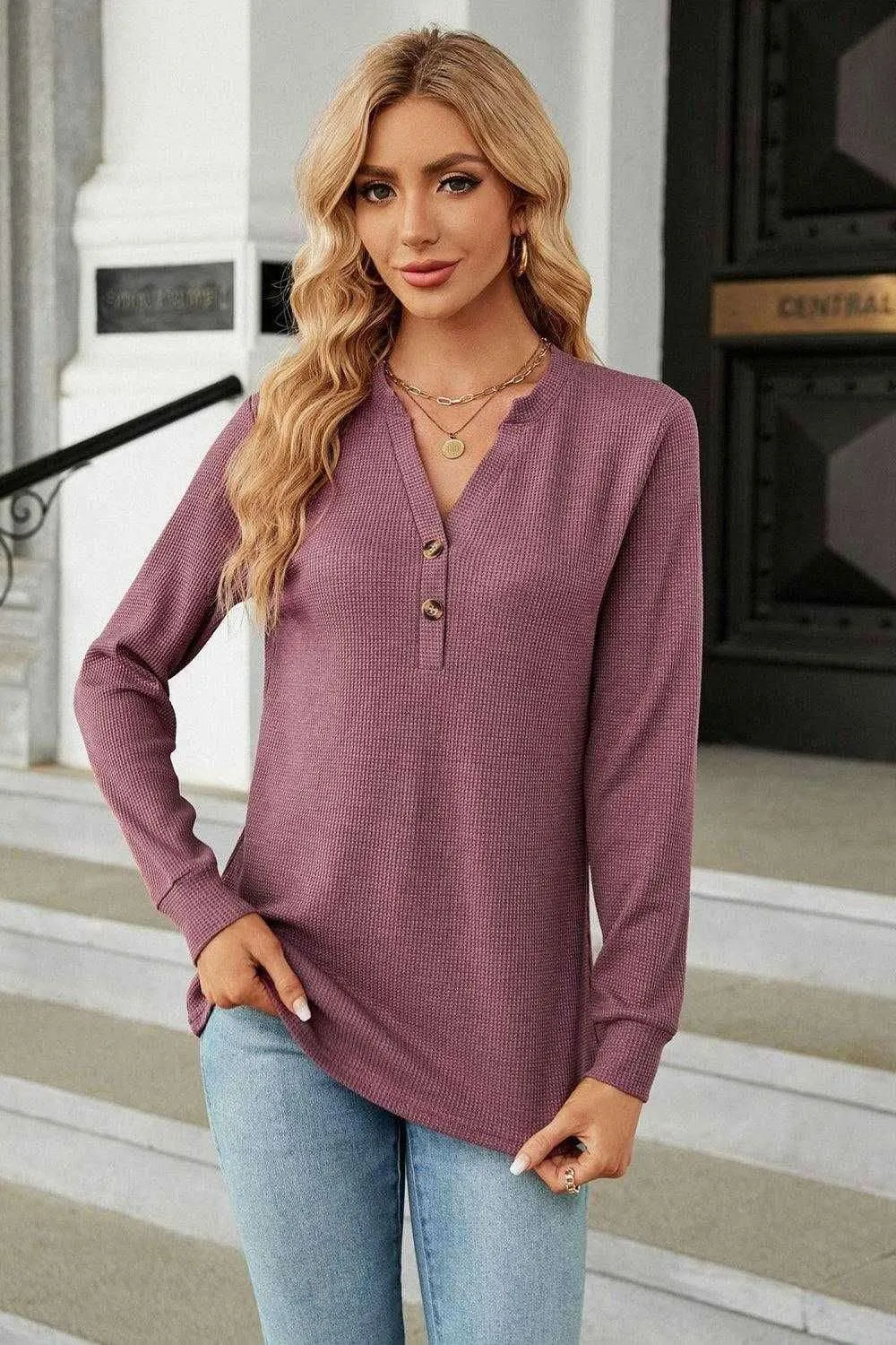 V-Neck Long Sleeve Blouse - Chic Buttoned Long Sleeve Top