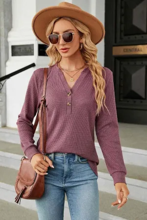 V-Neck Long Sleeve Blouse - Chic Buttoned Long Sleeve Top