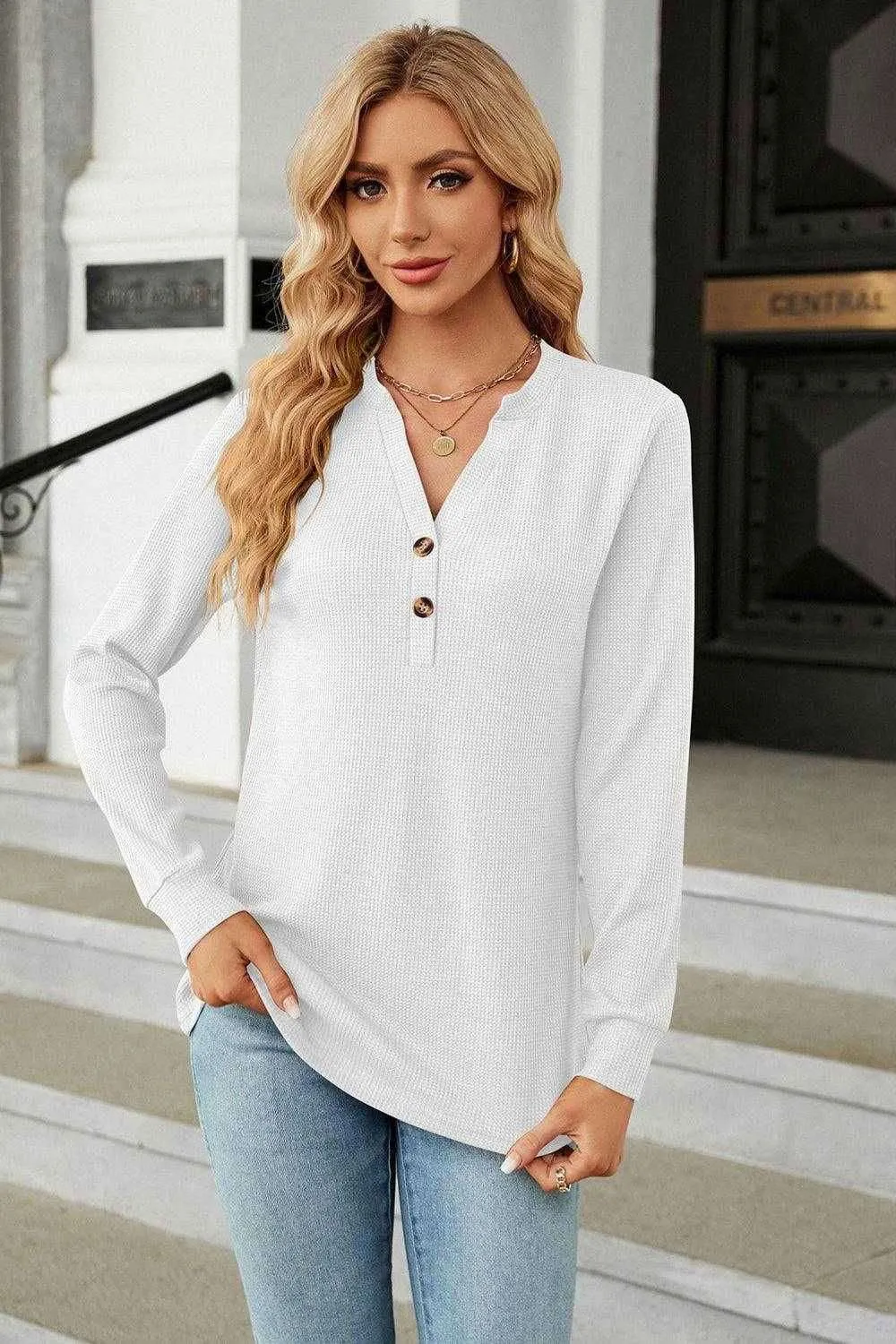 V-Neck Long Sleeve Blouse - Chic Buttoned Long Sleeve Top