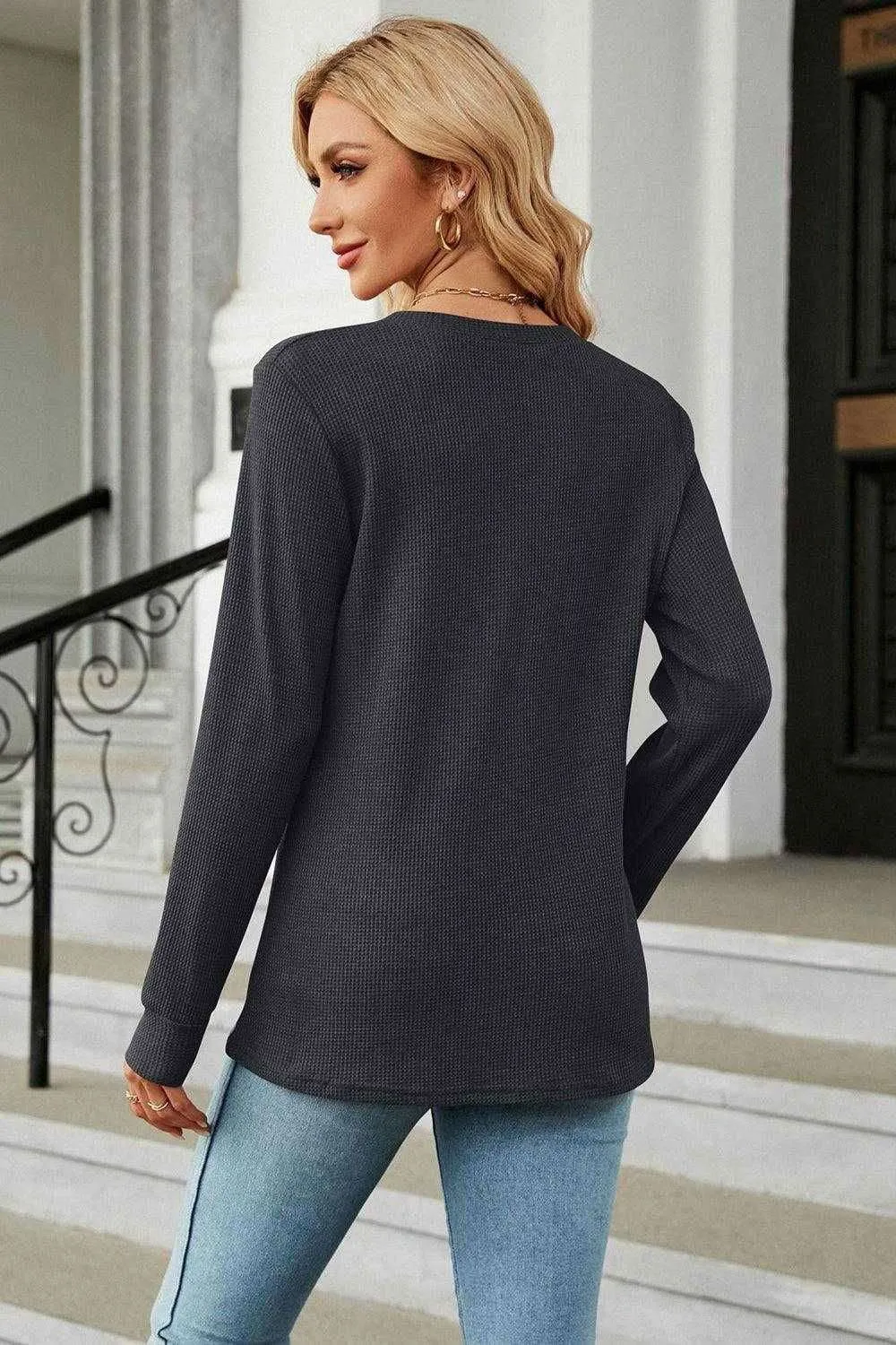 V-Neck Long Sleeve Blouse - Chic Buttoned Long Sleeve Top