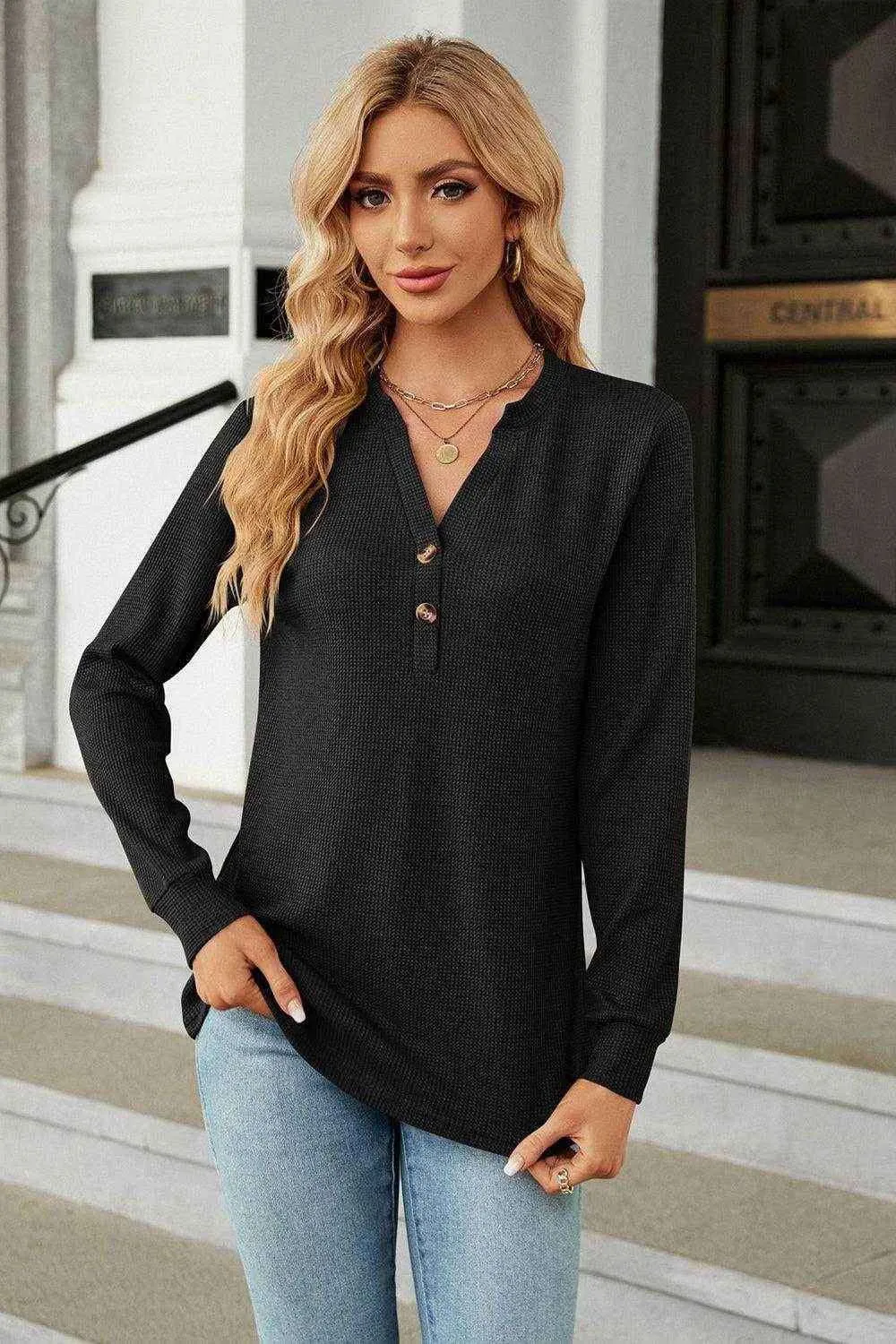 V-Neck Long Sleeve Blouse - Chic Buttoned Long Sleeve Top