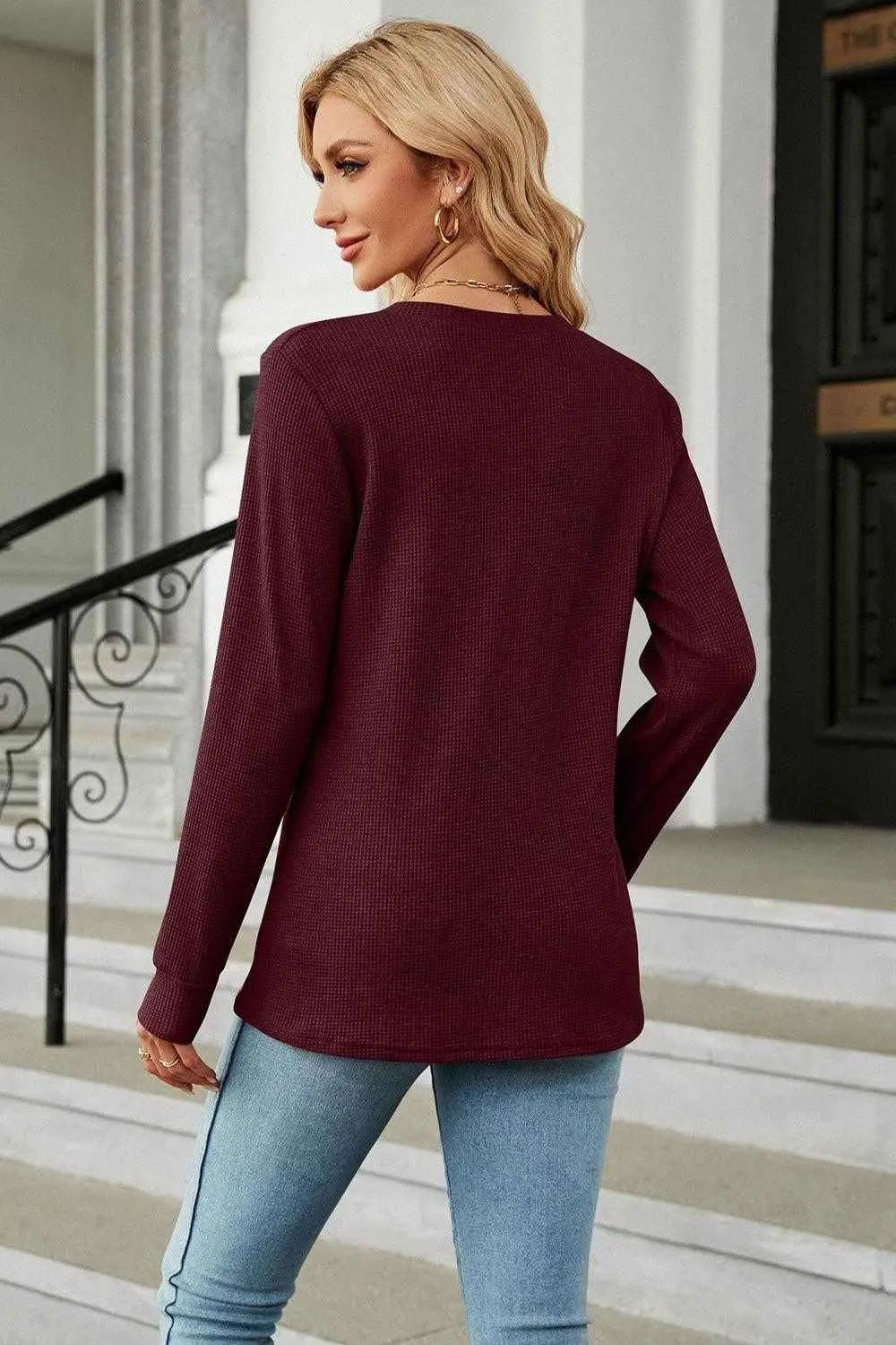 V-Neck Long Sleeve Blouse - Chic Buttoned Long Sleeve Top