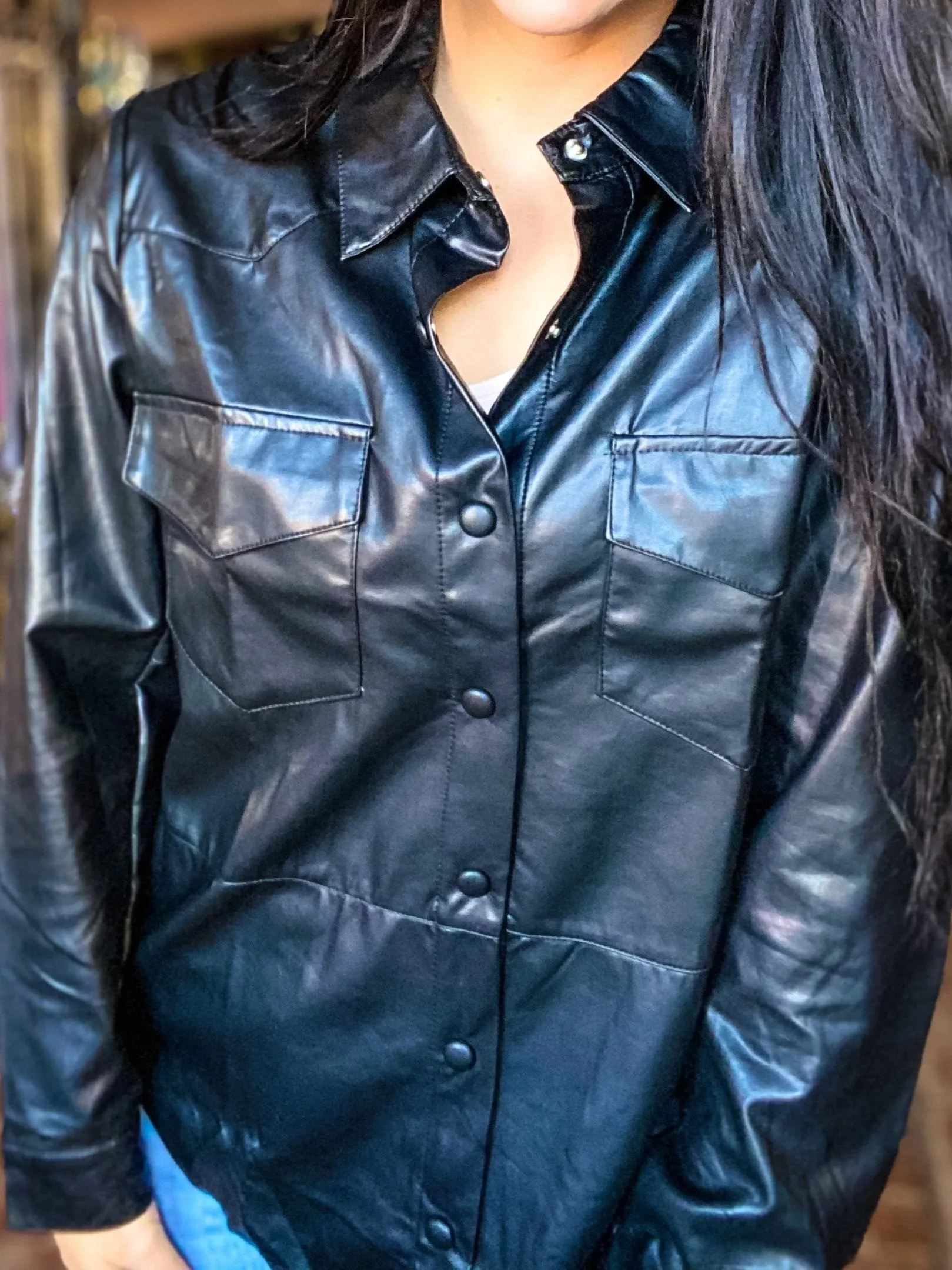 Vegan Leather Button Down-Black