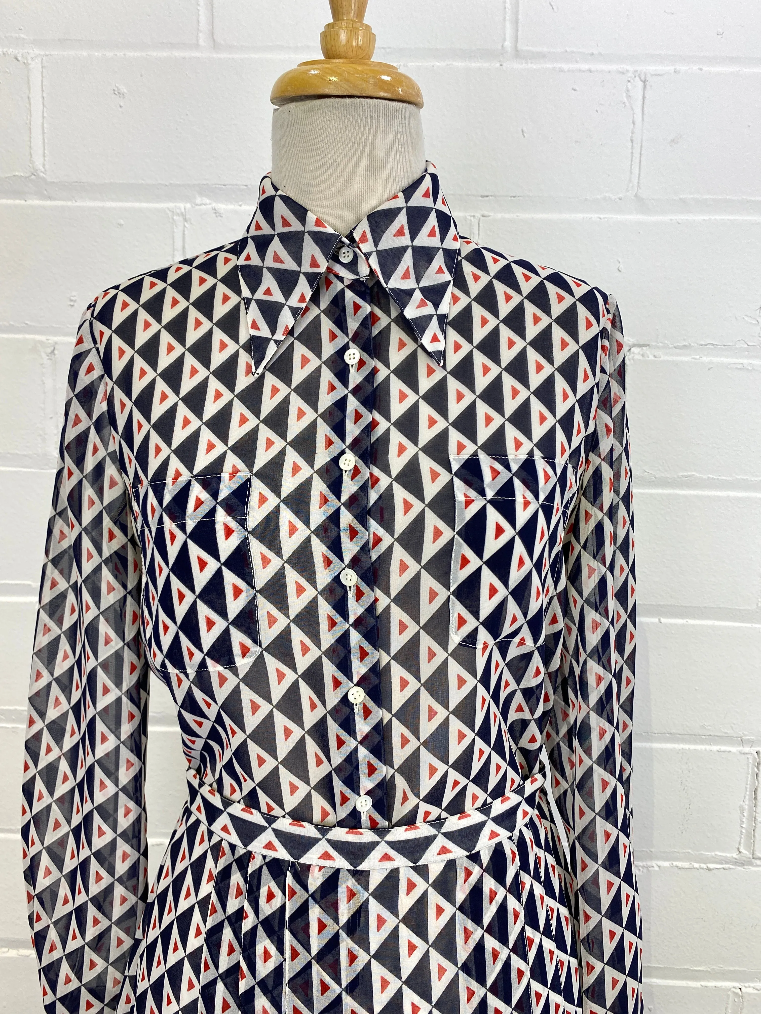 Vintage 1970s Women's 2-Piece Blue & Red Geometric Print Skirt & Blouse Set, Small