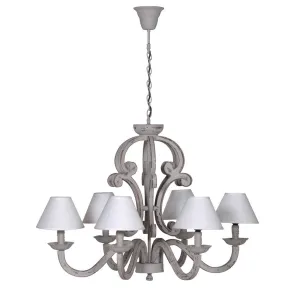 Washed Wood Grey Chandelier with Six Cream Shades 87cm