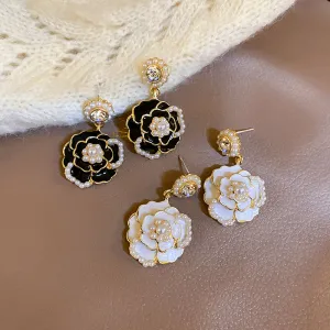 White Black Rose Camellia Flower Earrings