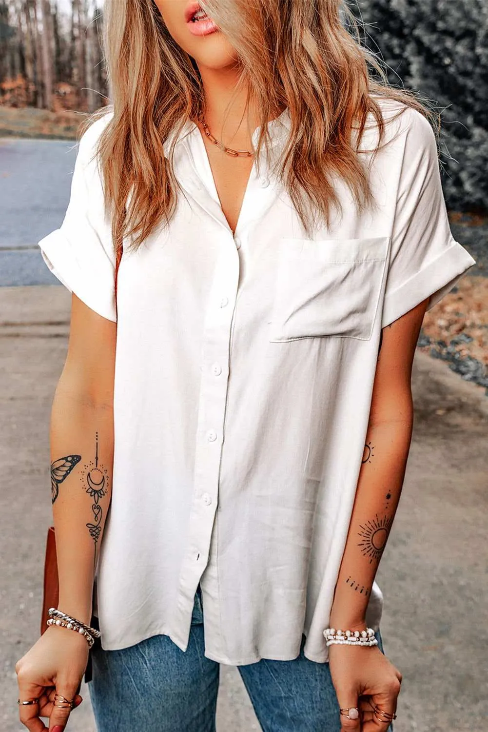 White Chest Pocket Buttoned Rolled Short Sleeve Blouse