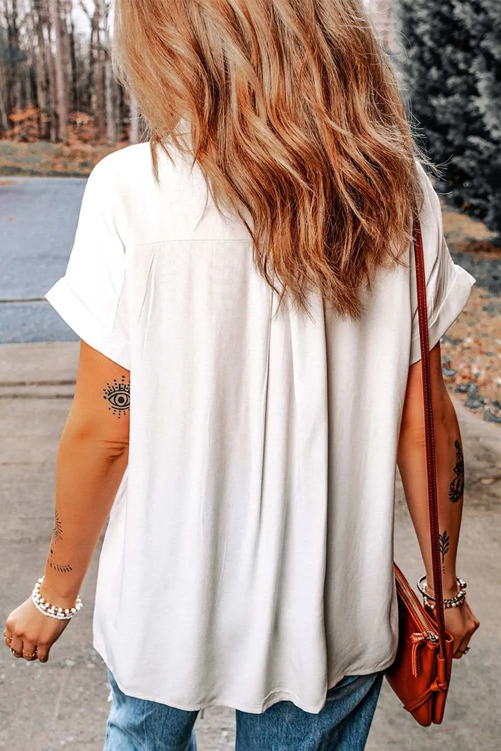 White Chest Pocket Buttoned Rolled Short Sleeve Blouse