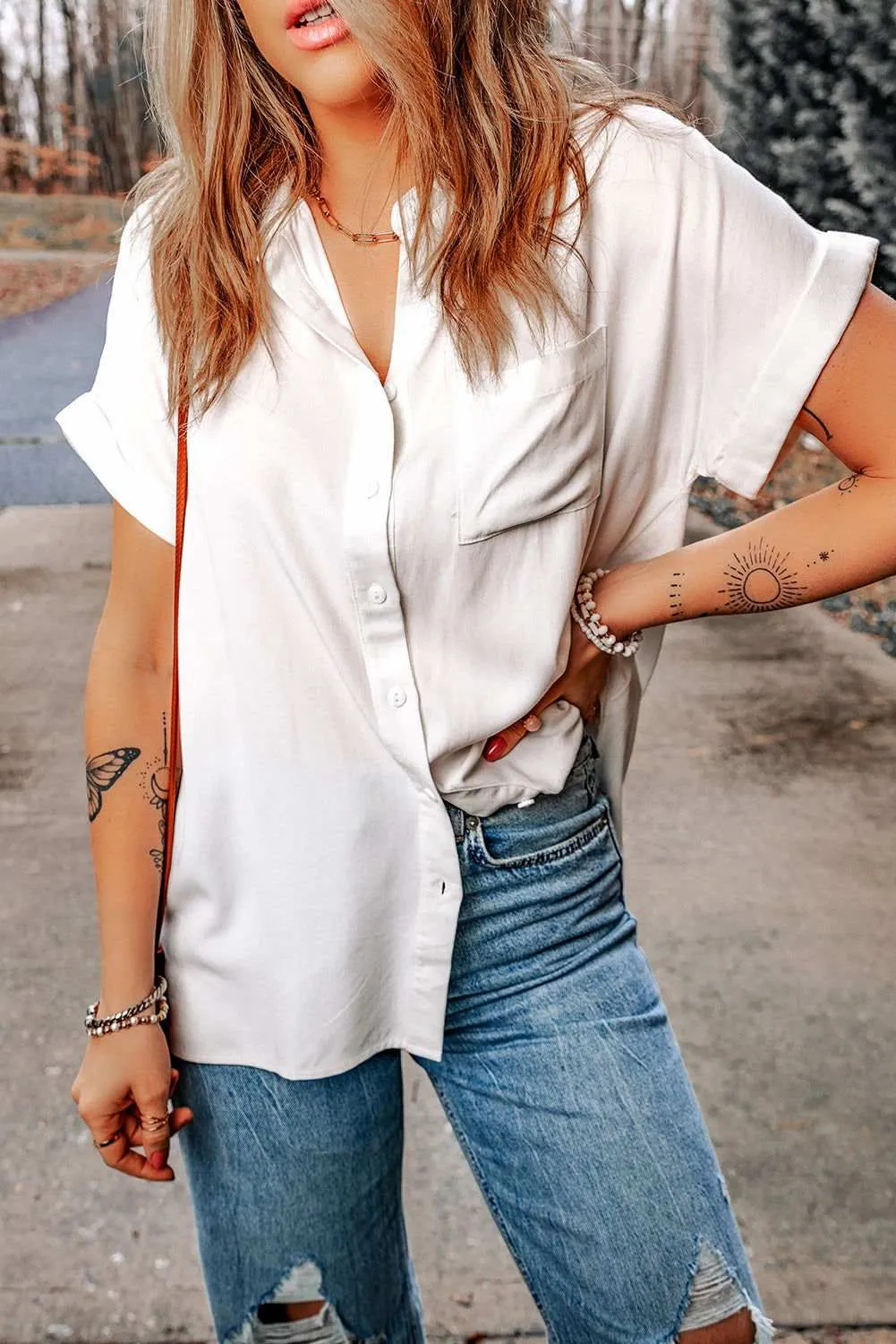 White Chest Pocket Buttoned Rolled Short Sleeve Blouse