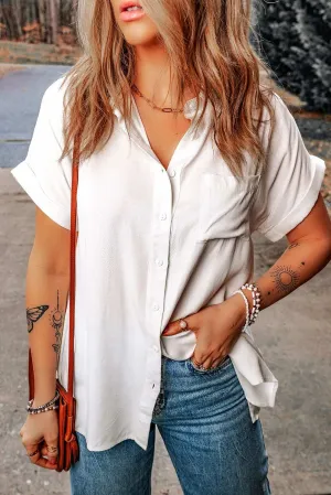 White Chest Pocket Buttoned Rolled Short Sleeve Blouse