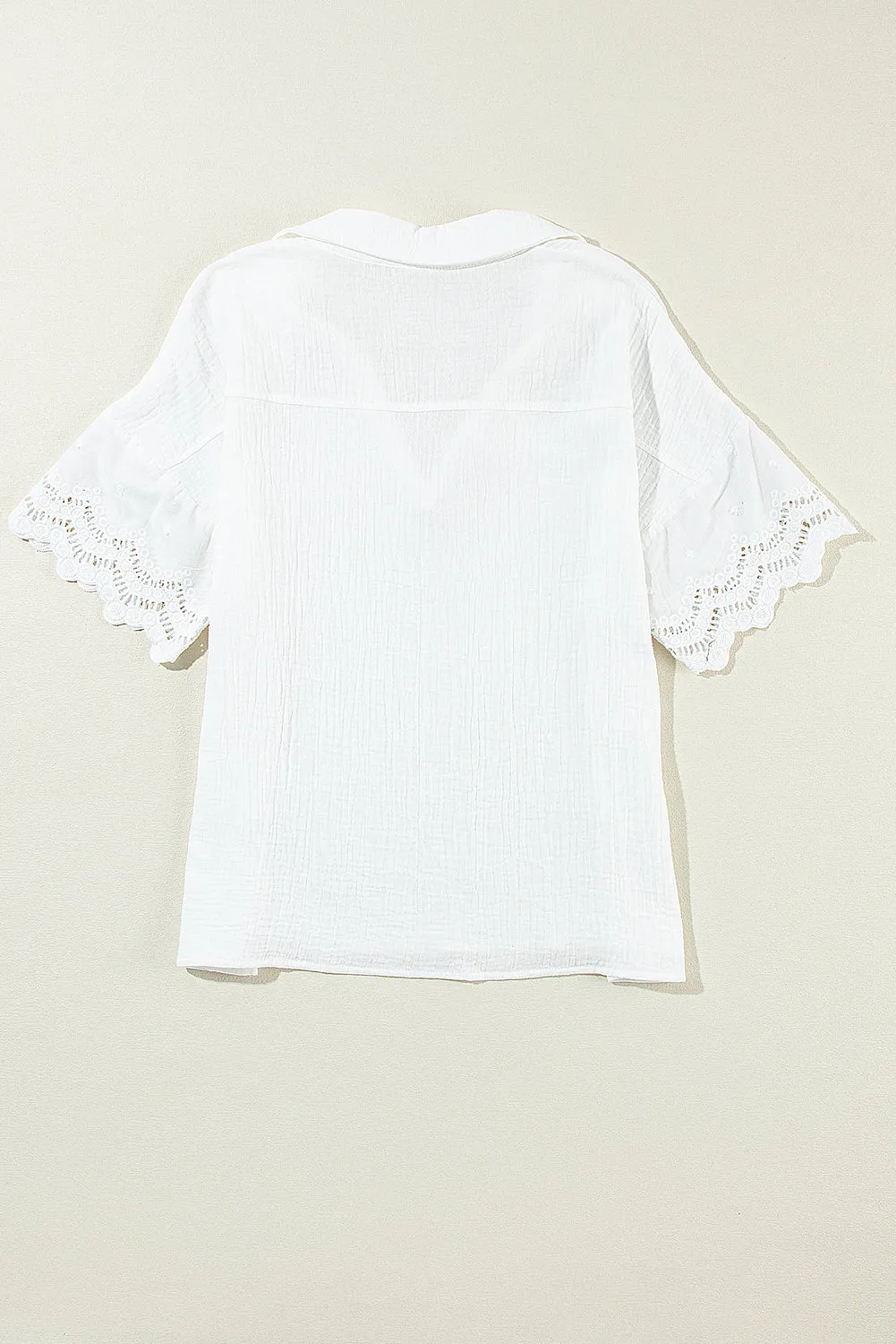 White Crinkled Lace Splicing Sleeve Collared V Neck Blouse